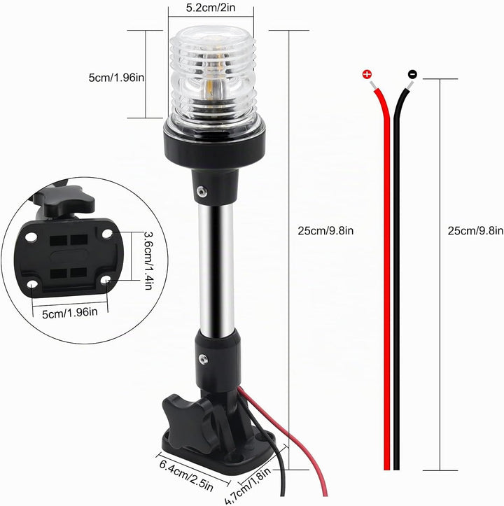 Geloo 10 Zoll Einstellbare LED Navigationslampe, Weiss Marine-Ankerlicht, 360 Grad LED Navigationssi