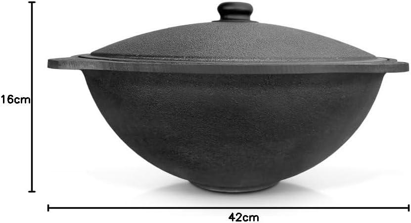 Kochtopf Kasan Set 12L – Usbekischer Gusseisen Kazan Dutch Oven mit flachem Boden, Deckel, Holzlöffe