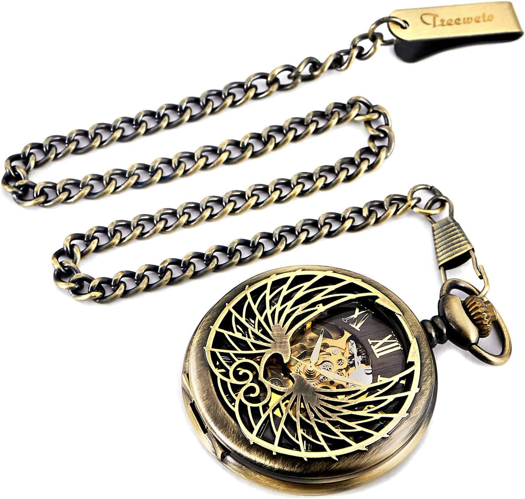 TREEWETO Unisex Taschenuhr mit Kette Analog Handaufzug Adler Skelett R?mische Ziffern Bronze