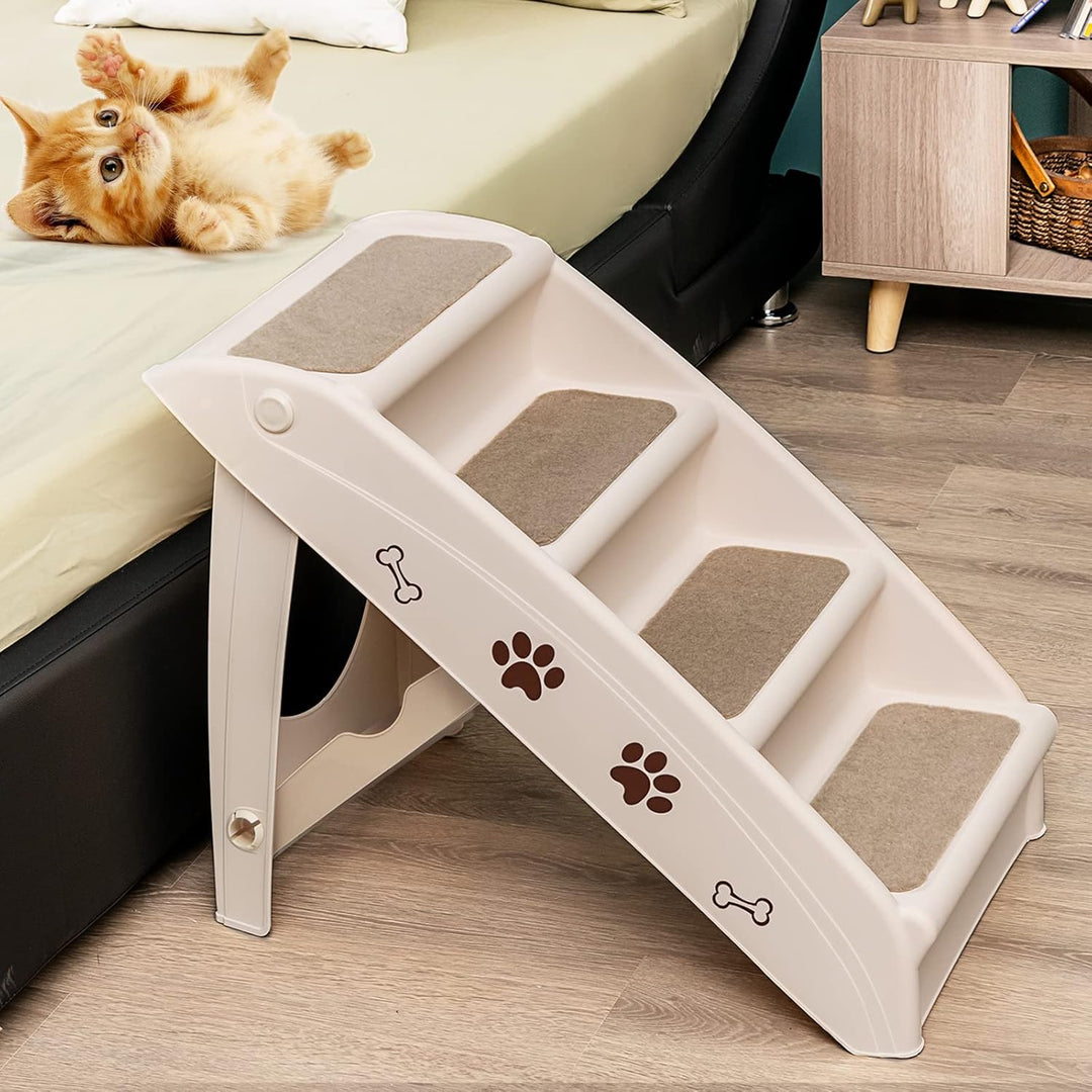 GOPLUS Hundetreppe mit 4 Stufen, Tragbare Tiertreppe aus Kunststoff, Klappbare Treppe für Haustiere,