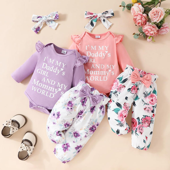 Neugeborenes Baby Mädchen Kleidung Papas Mädchen Langarm Tops Blumenhosen Sets Stirnband Säuglingsmä