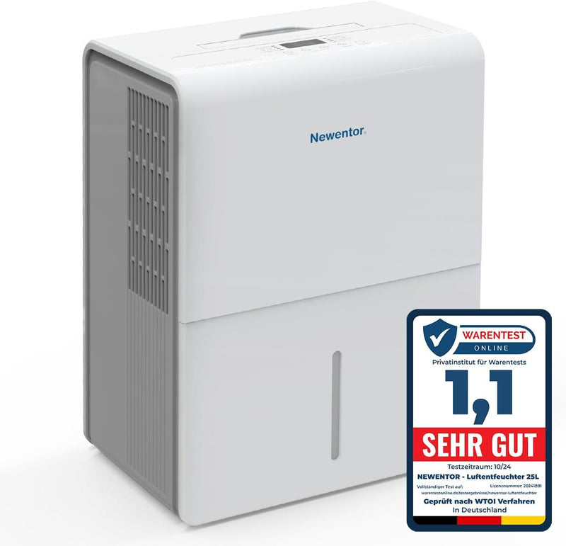 Newentor Luftentfeuchter 25L/24h, Für 215m³/80m² Räume - 3 fache Geräuschreduktion - Stromsparender