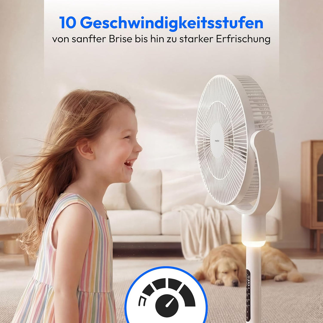 MEDION Akku - Standventilator mit Fernbedienung, 10 Geschwindigkeitsstufen, 24 Watt Leistung, 350° h