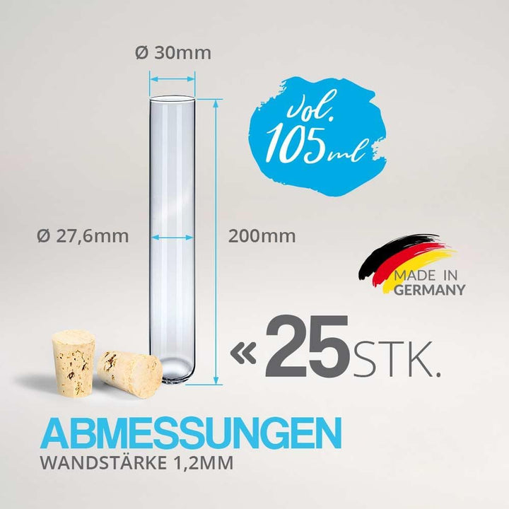 Tuuters Glas Reagenzglas mit Korken 25 Stück (200 x ø 30 mm) Gewürzgläser | Reagenzgläser für Blumen