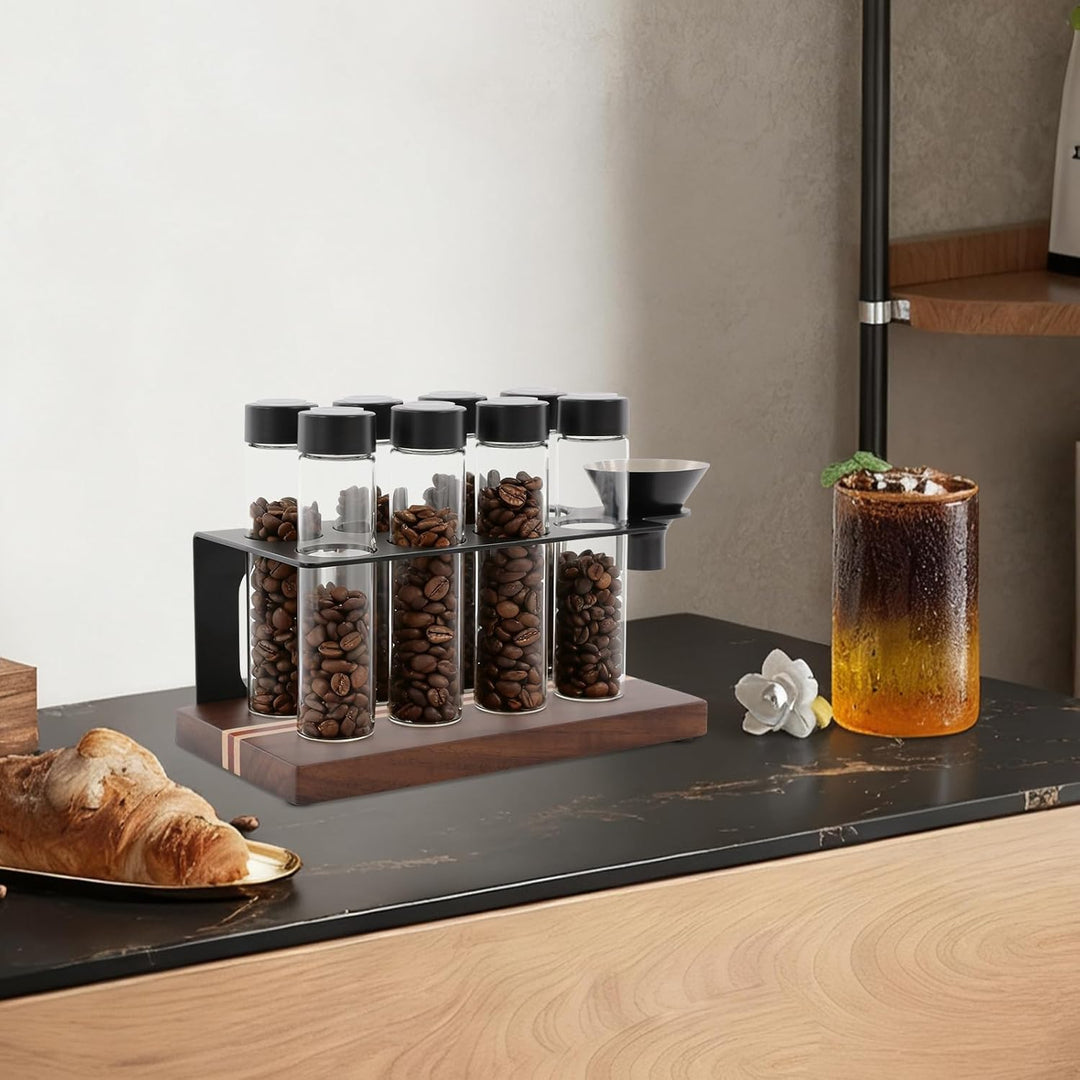 8 Tuben Kaffeebohnen Behälter, Einzeldosis kaffeedose mit Ständer und Trichter, Espressobohnen-Aufbe