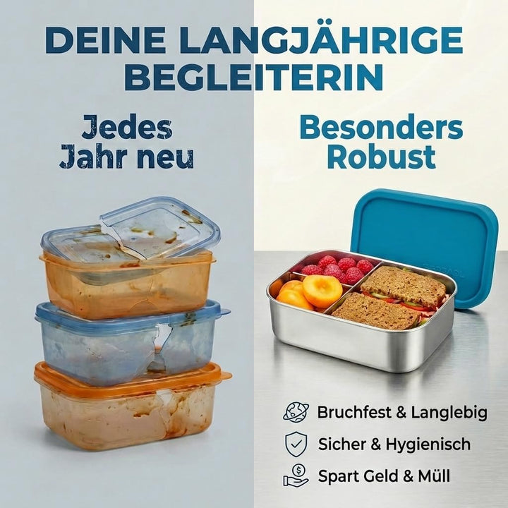Edelstahl Brotdose, Feste Trennwand und 3 Fächer, Silikondeckel, Auslaufsicher, Spülmaschinengeeigne