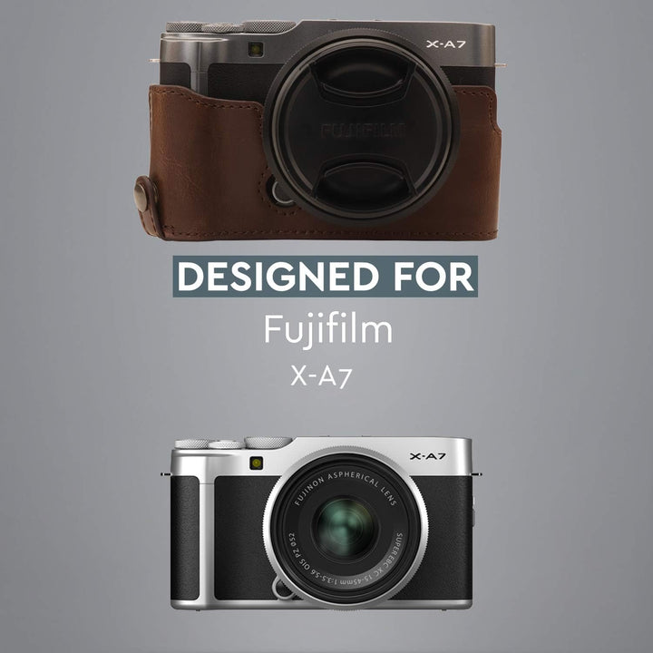 MegaGear Ever Ready Leder Kamera Halbtasche mit Trageriemen kompatibel mit Fujifilm X-A7 Dunkelbraun