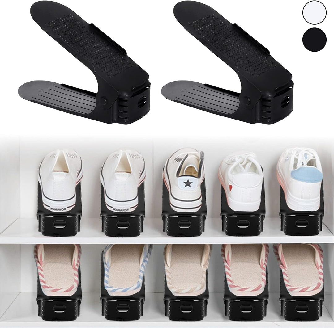 10 Stück Einstellbare Schuhregale,PP Doppelschicht Schuhe Organizer,rutschfest Schuhstapler,3 Höhenv