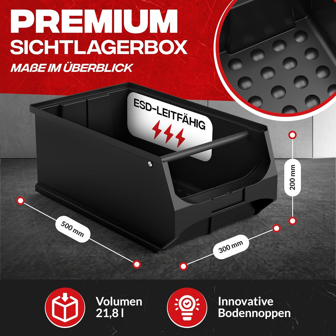aidB Sichtlagerbox 500x300x200mm – ESD-Sortierbox für Kleinteile – Leitfähige Lagerbox für Werkstatt