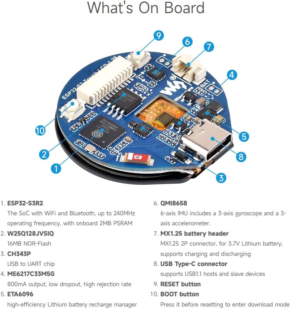 Waveshare ESP32-S3 Development Board, with 1.28inch Round Touch LCD, Compact Size, Accelerometer and
