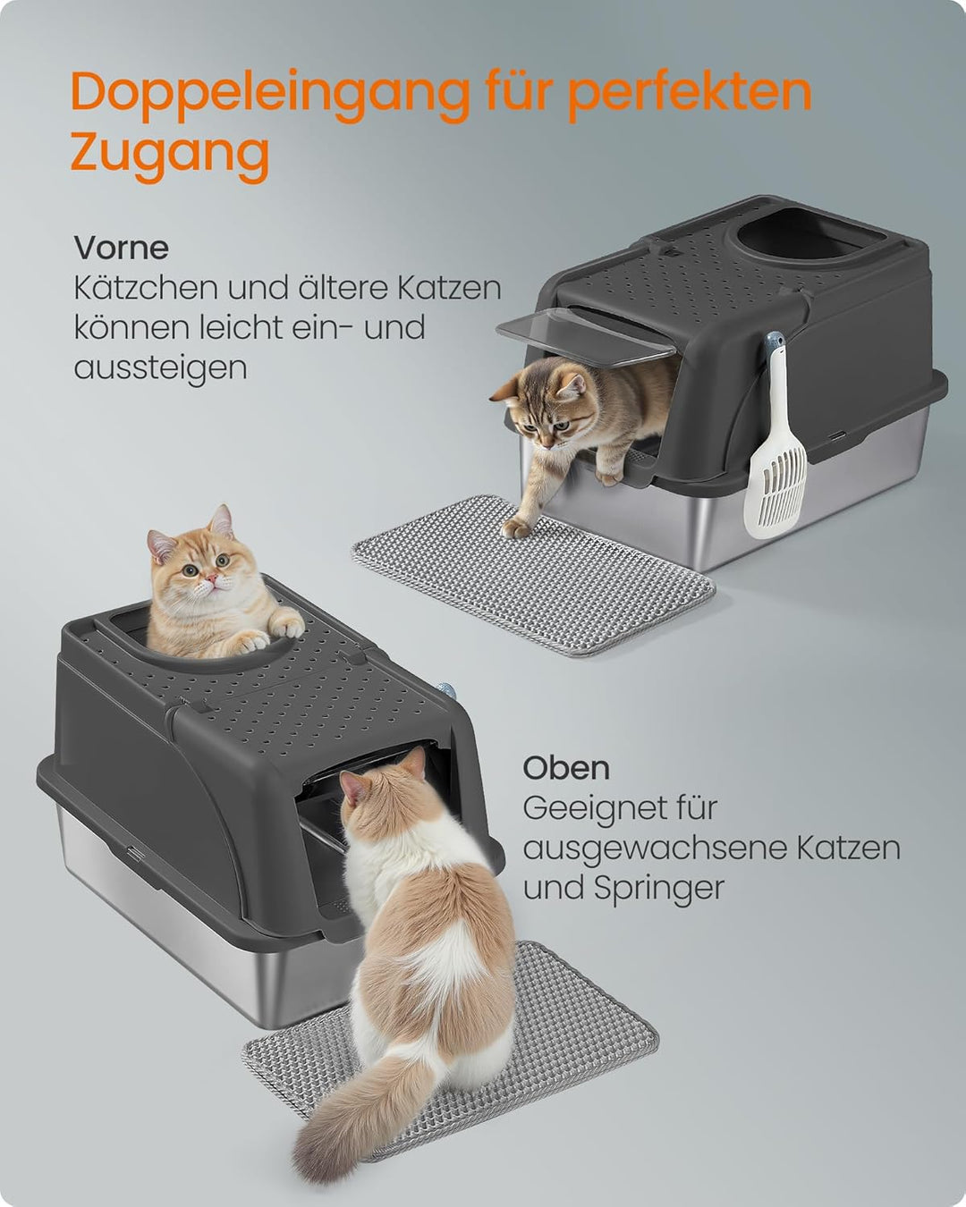Feandrea Katzenklo Edelstahl, XL, Katzentoilette mit Deckel, mit Schaufel, Bürste und 2 Eingängen, f