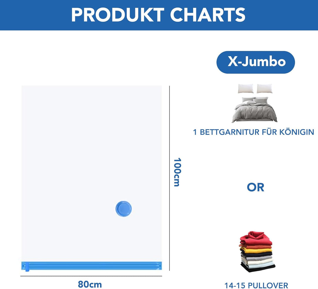 SKERITO Vakuumbeutel für kleidung 8 Jumbo, 100x80cm Aufbewahrungsbeutel, Reise Vakuum Wiederverwendb