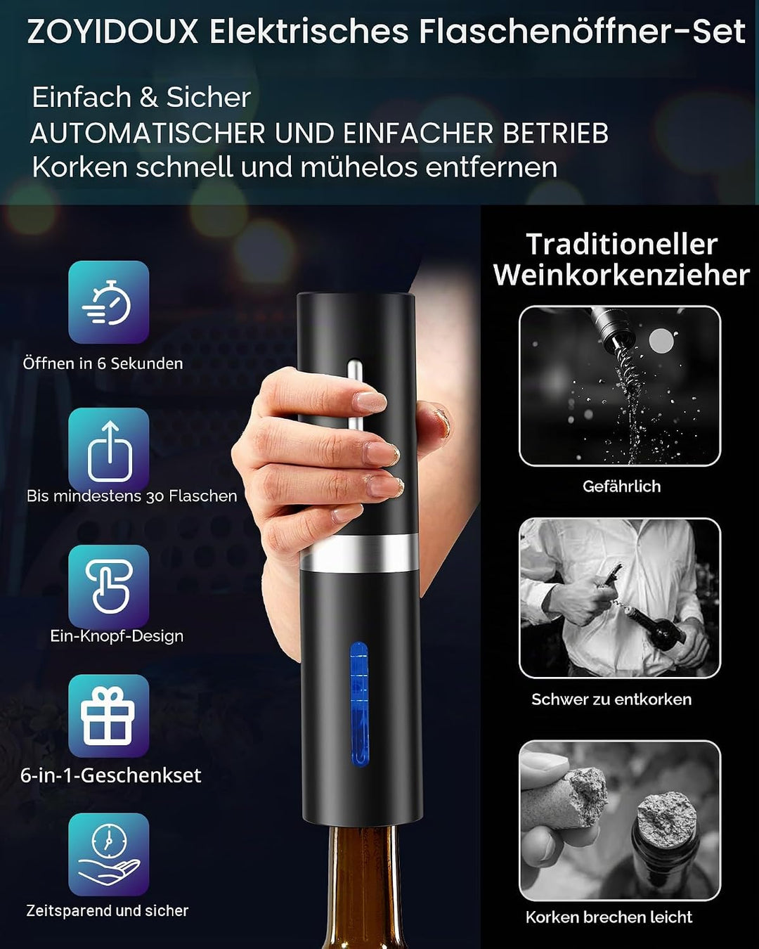 Wiederaufladbarer elektrischer Korkenzieher, elektrischer Weinöffner 6 in 1 Set Mit Folienschneider,