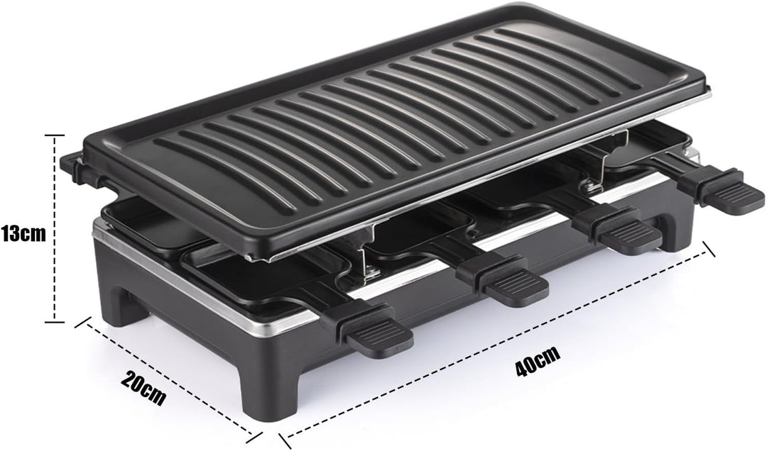 2-in-1 Raclette Set 8 Personen mit 8 Raclette Pfännchen, 40 x 20 cm | Antihaft Beschichtung Grillpfa