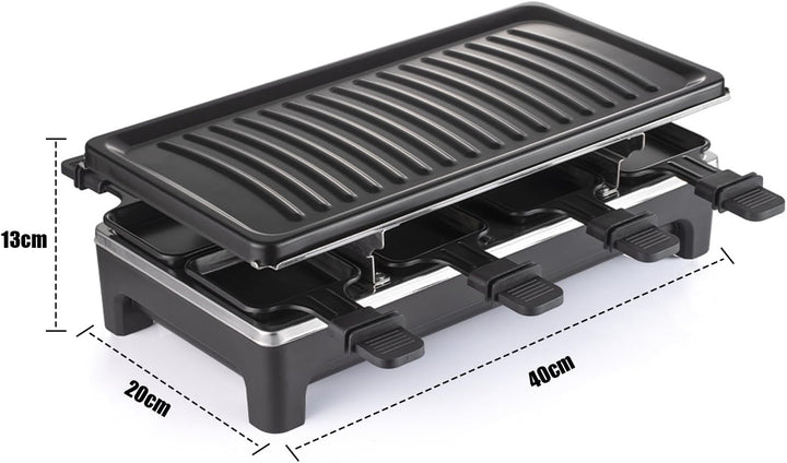 2-in-1 Raclette Set 8 Personen mit 8 Raclette Pfännchen, 40 x 20 cm | Antihaft Beschichtung Grillpfa