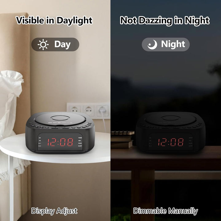 CD-Player-Wecker mit Fernbedienung, Verstellbarem LED-Display, USB-Ladegerät und Dimmbarem Display f