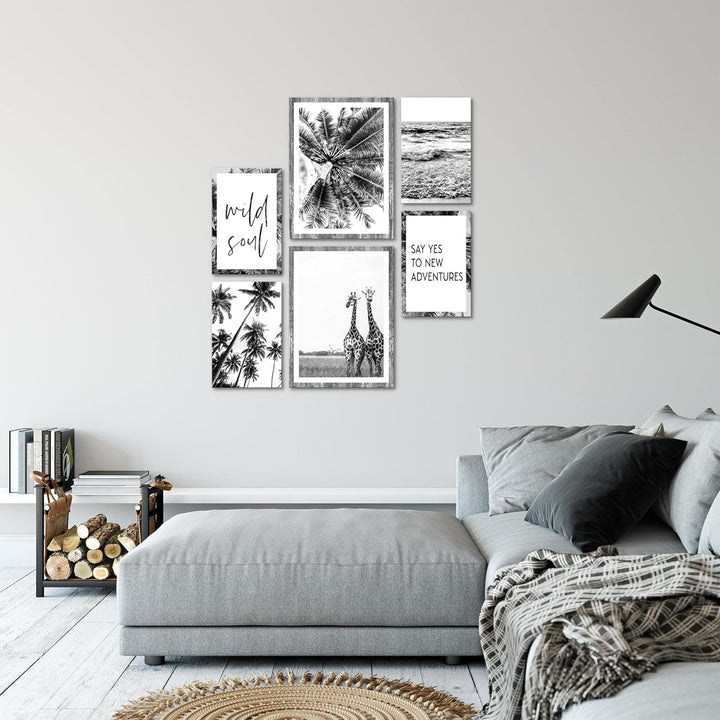 Novart Bilder Set - AUFHÄNGFERTIG - KEIN EXTRA RAHMEN BENÖTIGT - Giraffen Palmen Modern Schwarz Weis