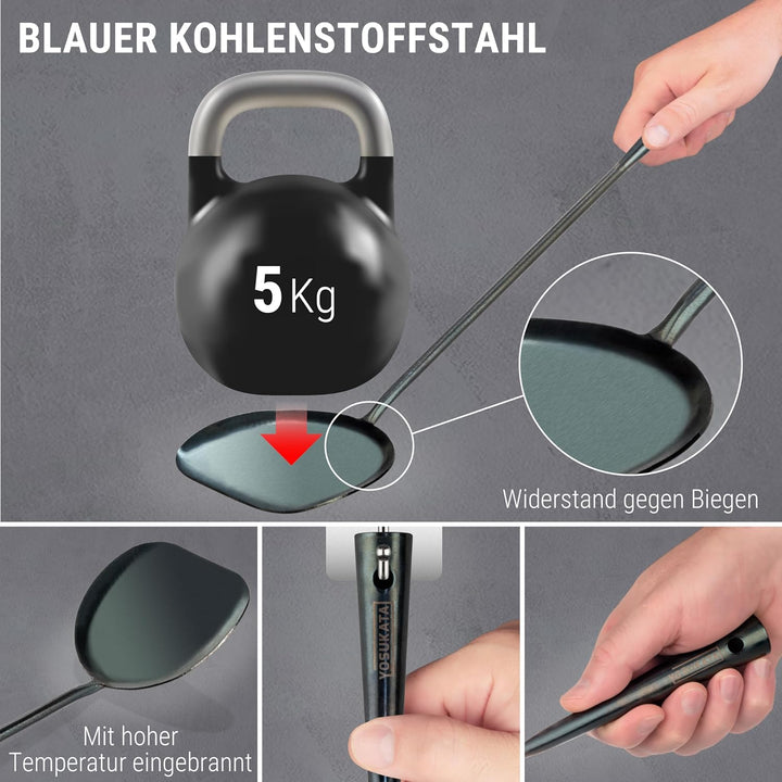 YOSUKATA Wok-Utensilien-Set – blauer Karbonstahl, 43,2 cm, Wok-Spatel, Wok-Schöpflöffel, 3 Paar Esss