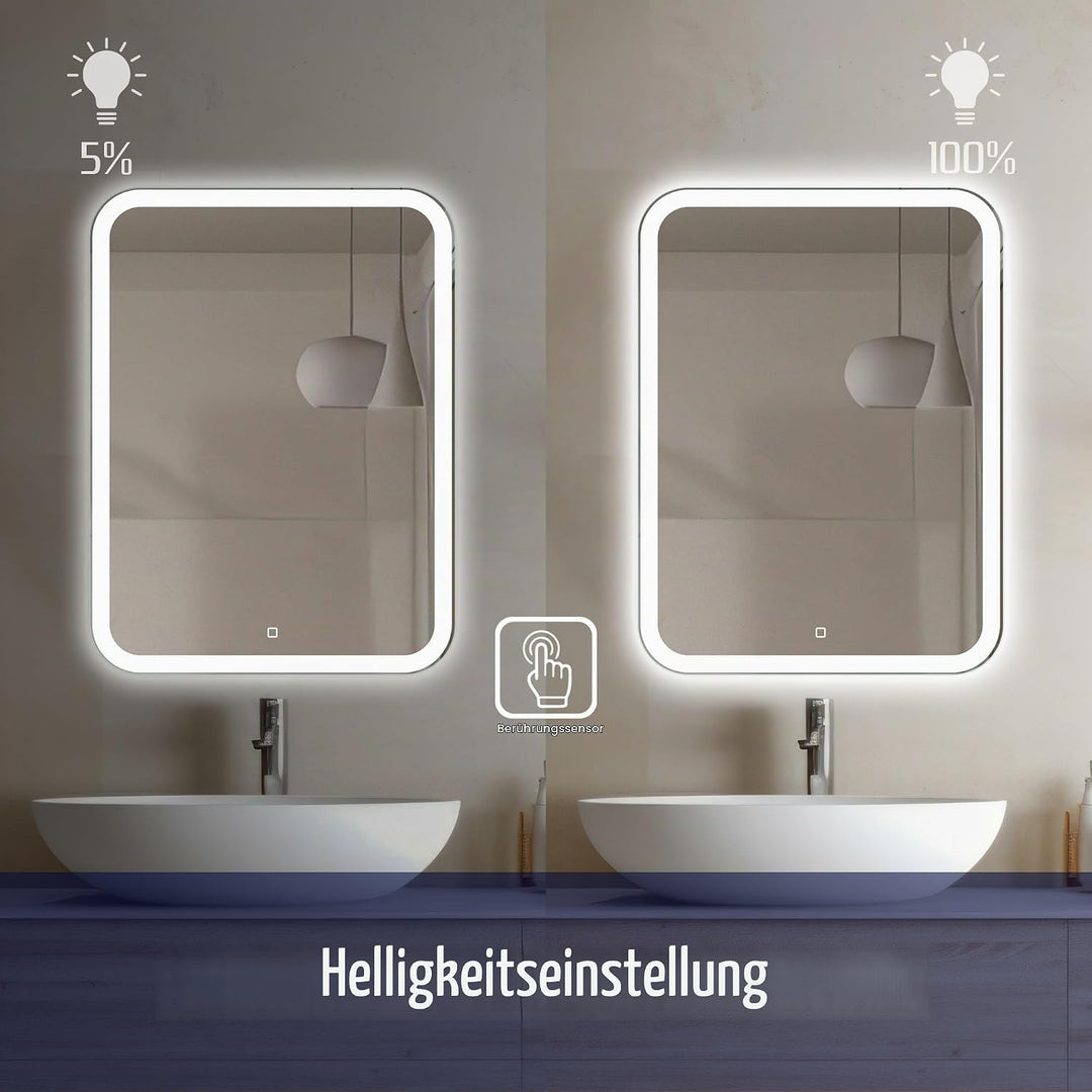 Venti 50x70cm Vertikaler Badezimmerspiegel mit LED Beleuchtung, Beleuchteter Badspiegel mit Touch Sc