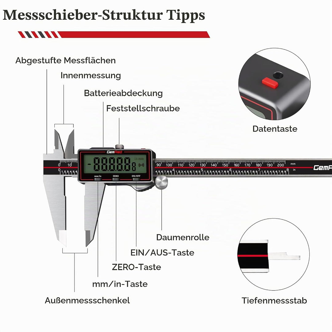 GemRed Digitaler Messschieber 200 mm / 8 Zoll, Kabelloser Edelstahl-Messschieber digital mit grossem