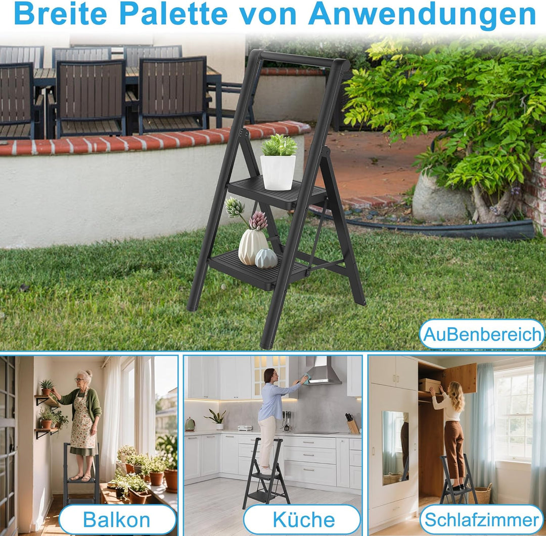 Aufun Trittleiter 2 Stufen, Klappleiter mit breitem Anti-Rutsch-Pedal, Mit Handlauf Haushaltsleiter
