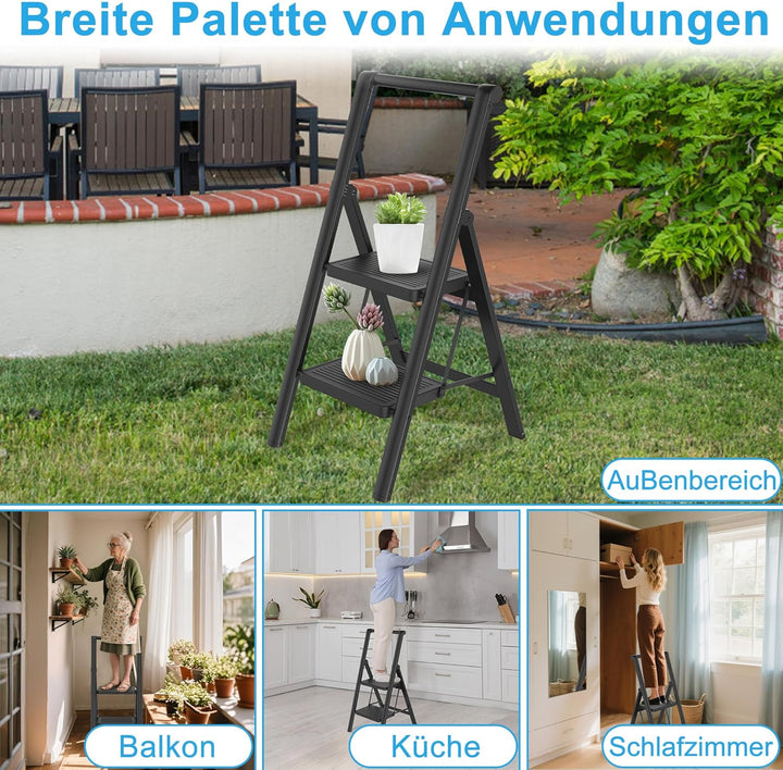 Aufun Trittleiter 2 Stufen, Klappleiter mit breitem Anti-Rutsch-Pedal, Mit Handlauf Haushaltsleiter