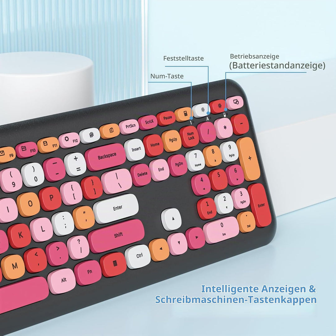 SOLIDEE Buntes kabellose Tastatur und Maus-Kombination,2.4GHz Retro Schreibmaschine Tastatur,104 Tas