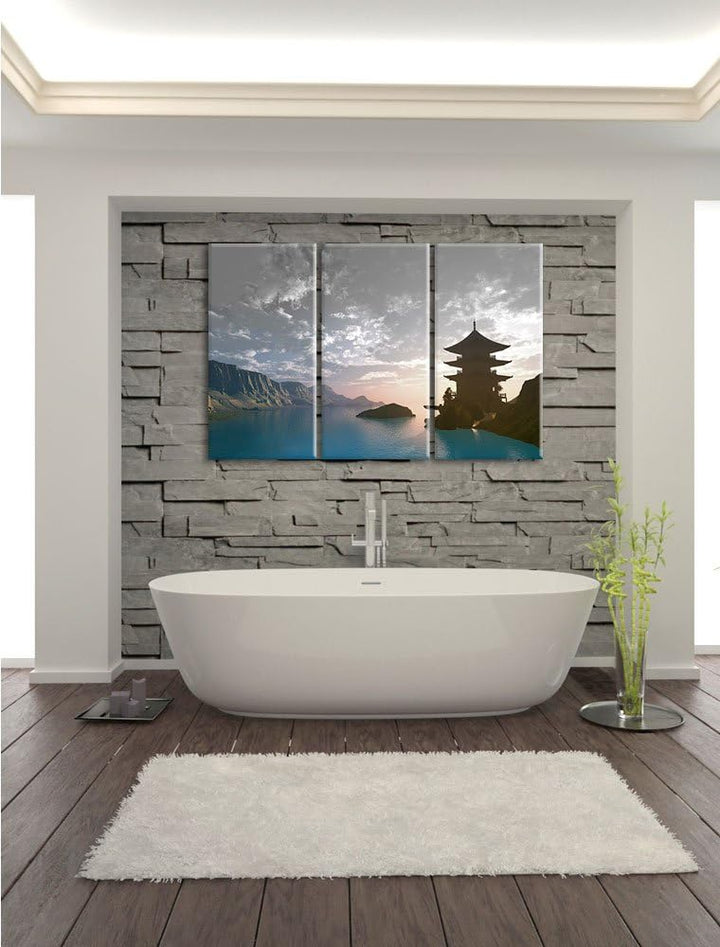 Pixxprint Tempel in Tal / 3-Teilig/Gesamtmass 120cm Leinwandbild bespannt auf Holzrahmen/Wandbild Ku