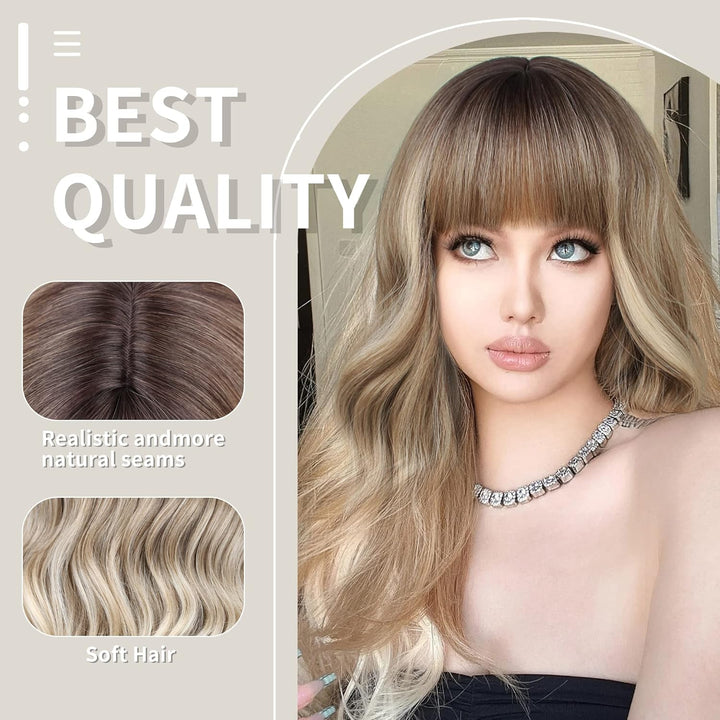 FAELBATY Perücke mit langen Locken blonde Perücke mit Pony Ombre dunkelbraun bis blonde Perücke für
