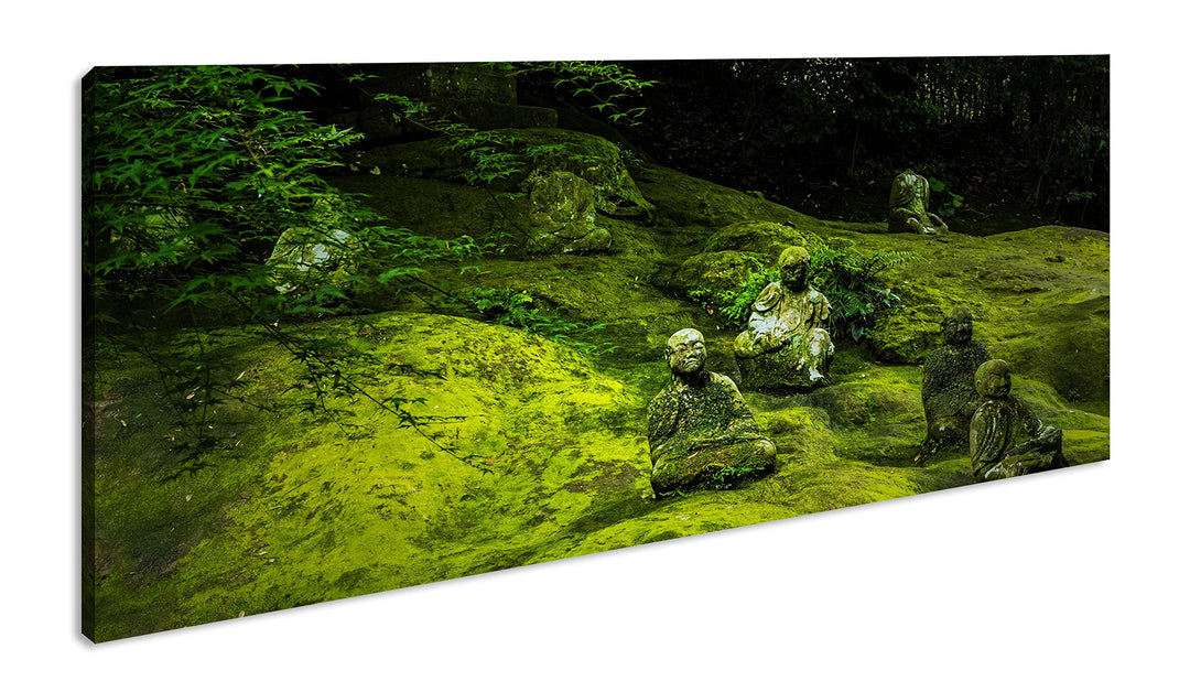mit Moos bedeckte Buddha-Statuen Panorama 80x40 cm als Leinwandbild, Motiv fertig gerahmt auf Echtho