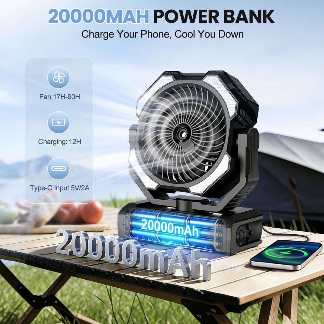 Camping Ventilator mit Sprühkühlung，Akku 20000 mAh & Fernbedienung, 250ml Tank, LED Licht, Aufhängeh