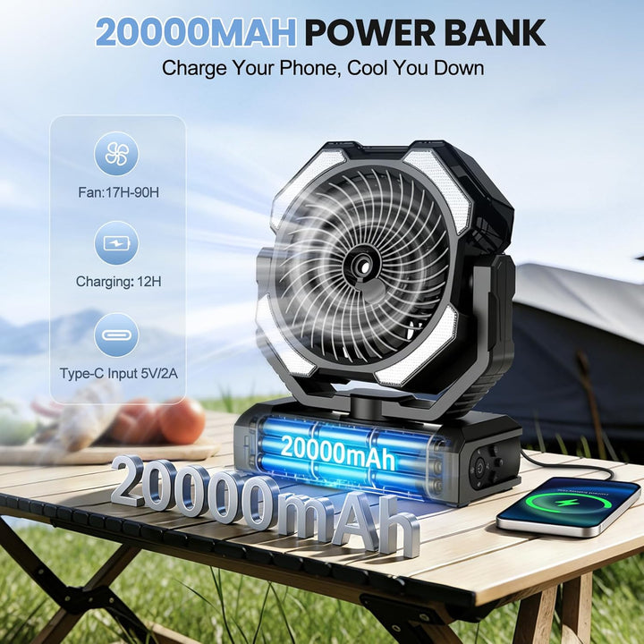 Camping Ventilator mit Sprühkühlung，Akku 20000 mAh & Fernbedienung, 250ml Tank, LED Licht, Aufhängeh