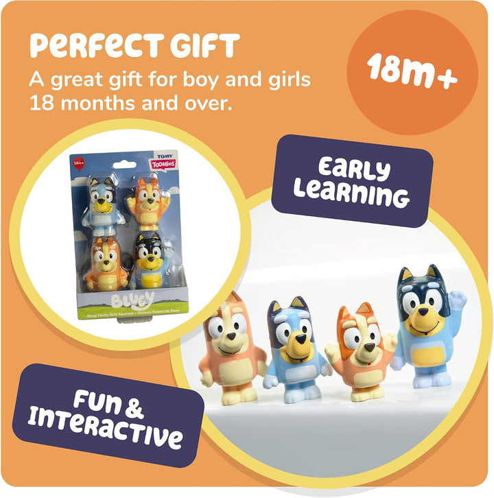 Toomies Bluey Squirter 4er Pack Badespielzeug Set mit Bluey, Bingo, Mama und Papa, Wasserspritzspass