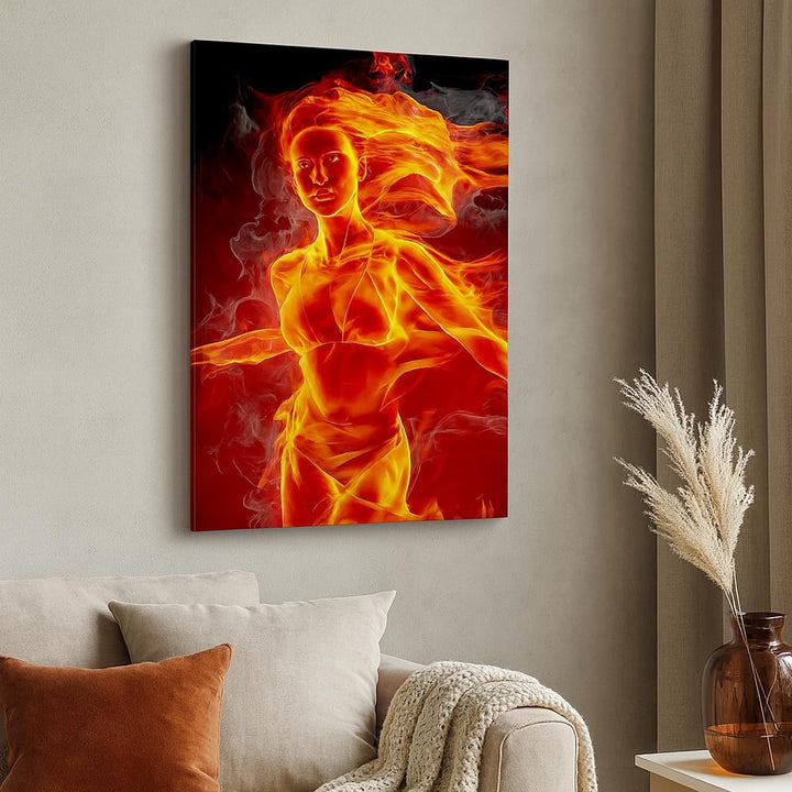 Bilder auf Leinwand 55x100cm Leinwandbild mit Rahmen Frau Flammen Illustration Gross Wanddeko Bild S