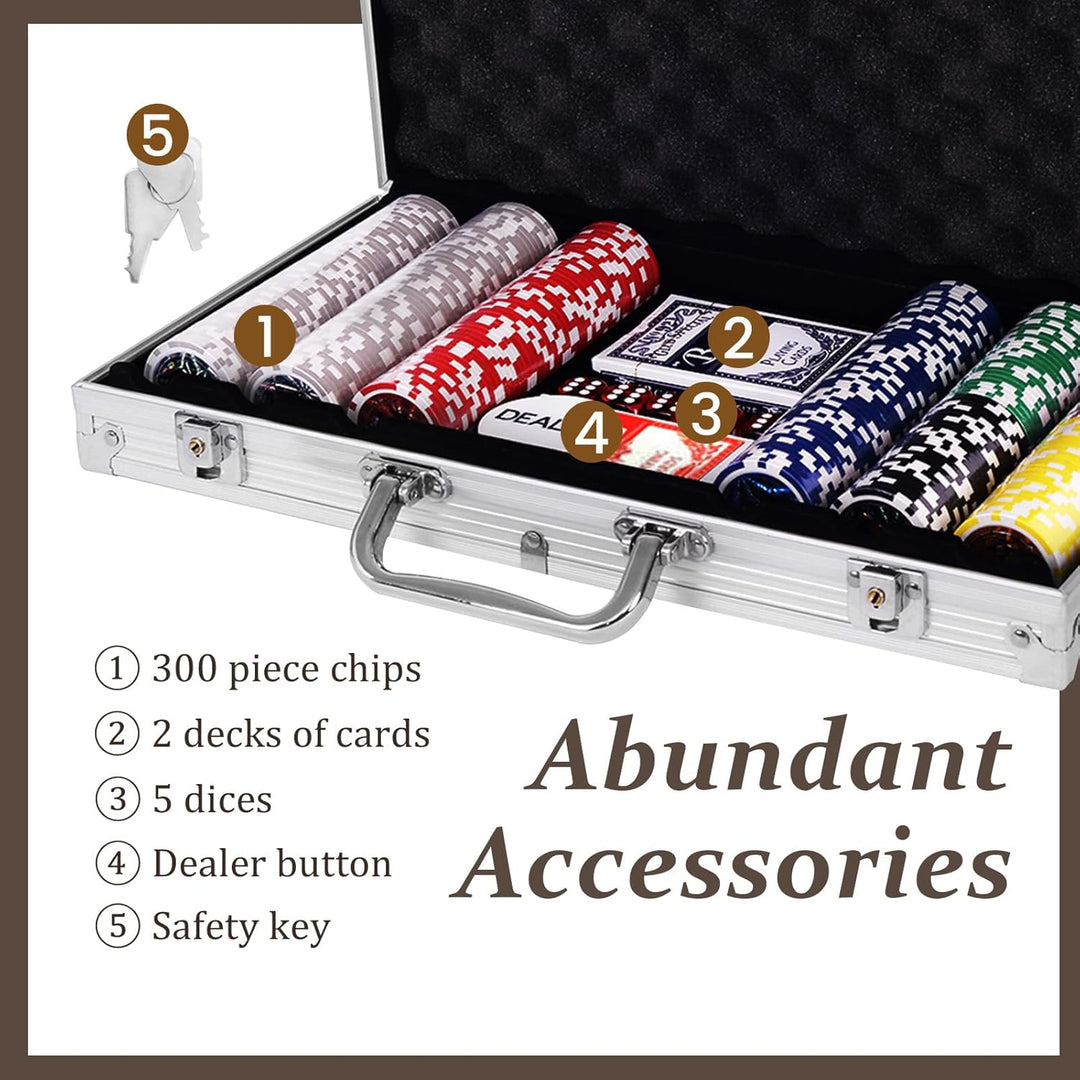 HOMASIS Pokerset mit 300 Chips, Alu Pokerkoffer mit 2 Kartendecks, 5 Würfeln, 1 Dealer Button, Poker