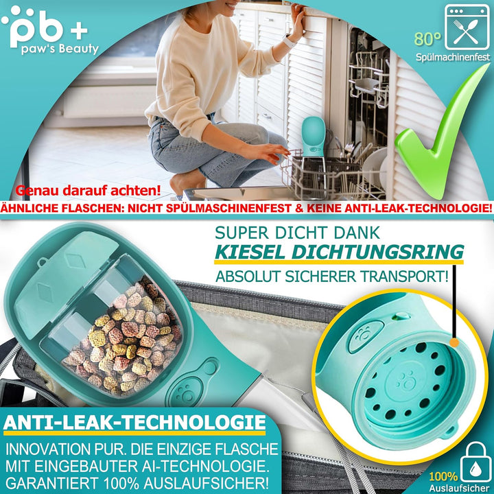 NEU 3er GESCHENKESET | Innovative 550ml Hundetrinkflasche für unterwegs | inkl. Futterbehälter & Zah