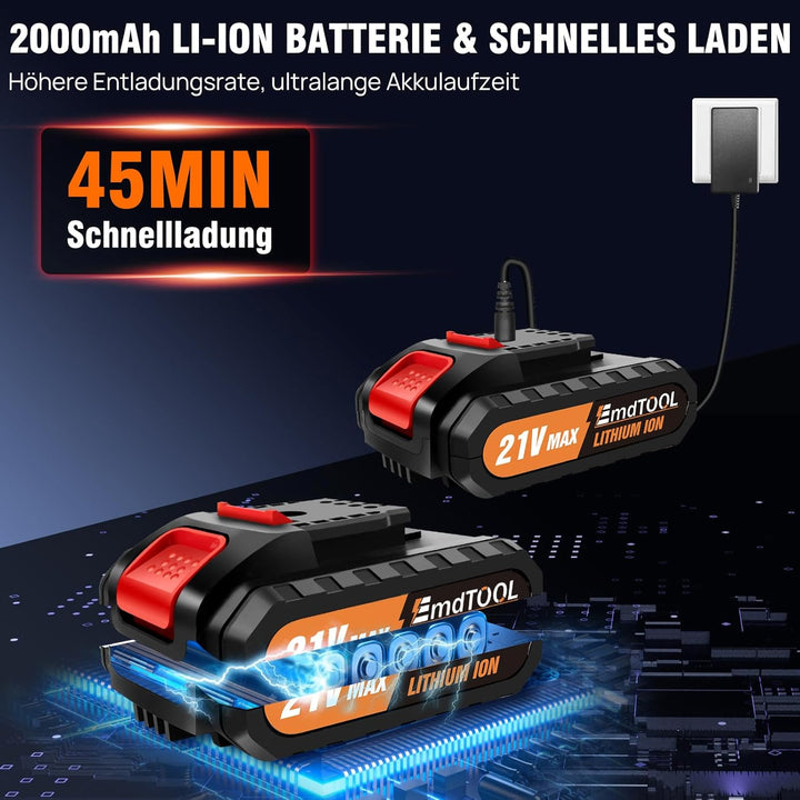 21V Akkuschrauber Set, 45NM Max Akku bohrschrauber mit 2x2000mAh Akkus und Ladegerät, 25+1 Drehmomen
