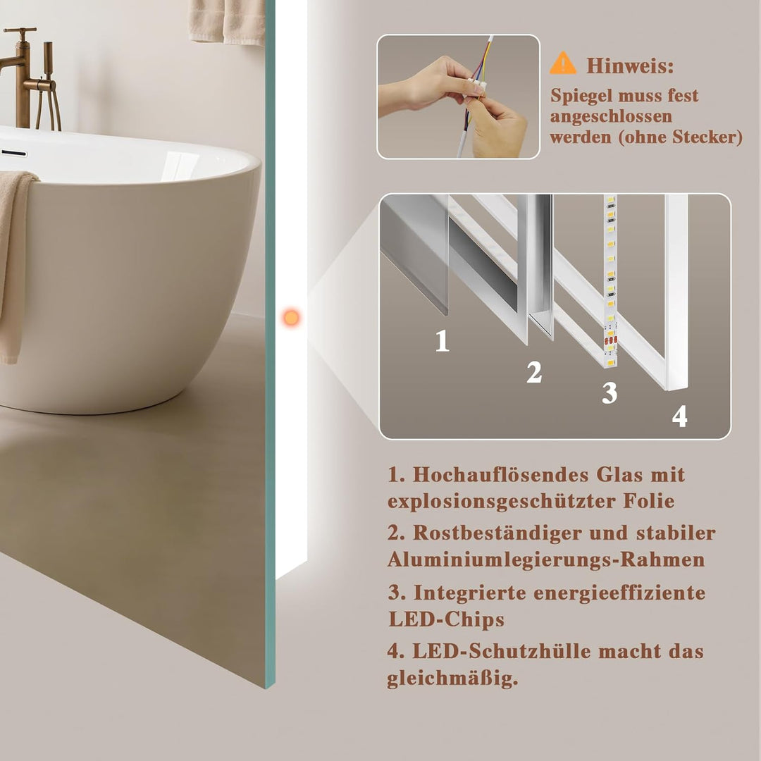 Badspiegel-mit-Beleuchtung 60x80cm - LED Badezimmerspiegel Badezimmer Spiegel mit Beleuchtung - Touc