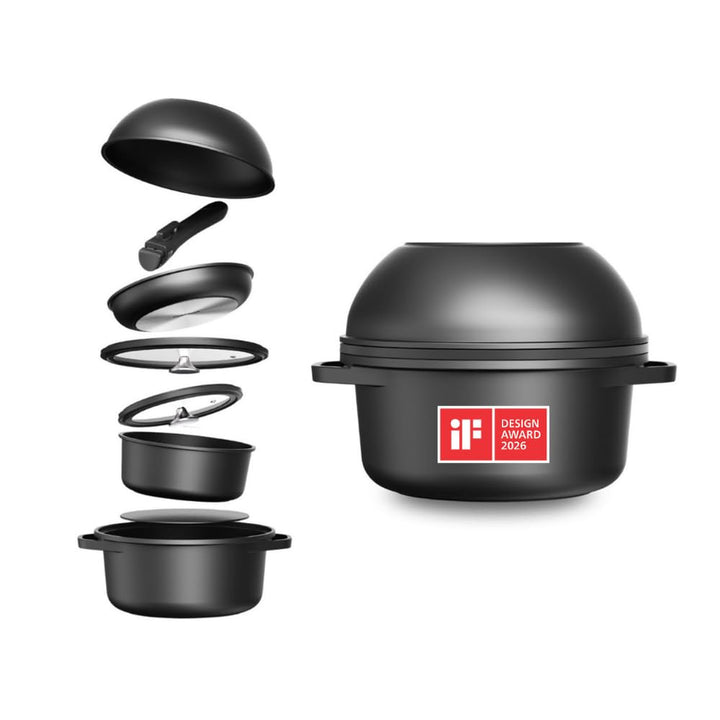 Essential Topf und Pfannenset 8-teilig Induktion, Abnehmbarer Griff, Stapelbar, Platzsparend, Backof