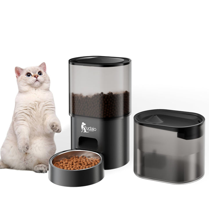 Fudajo Futter- und Trinkautomat für Katzen & Hunde in Schwarz, 3 L Futterspender und 2,5 L Trinkbrun