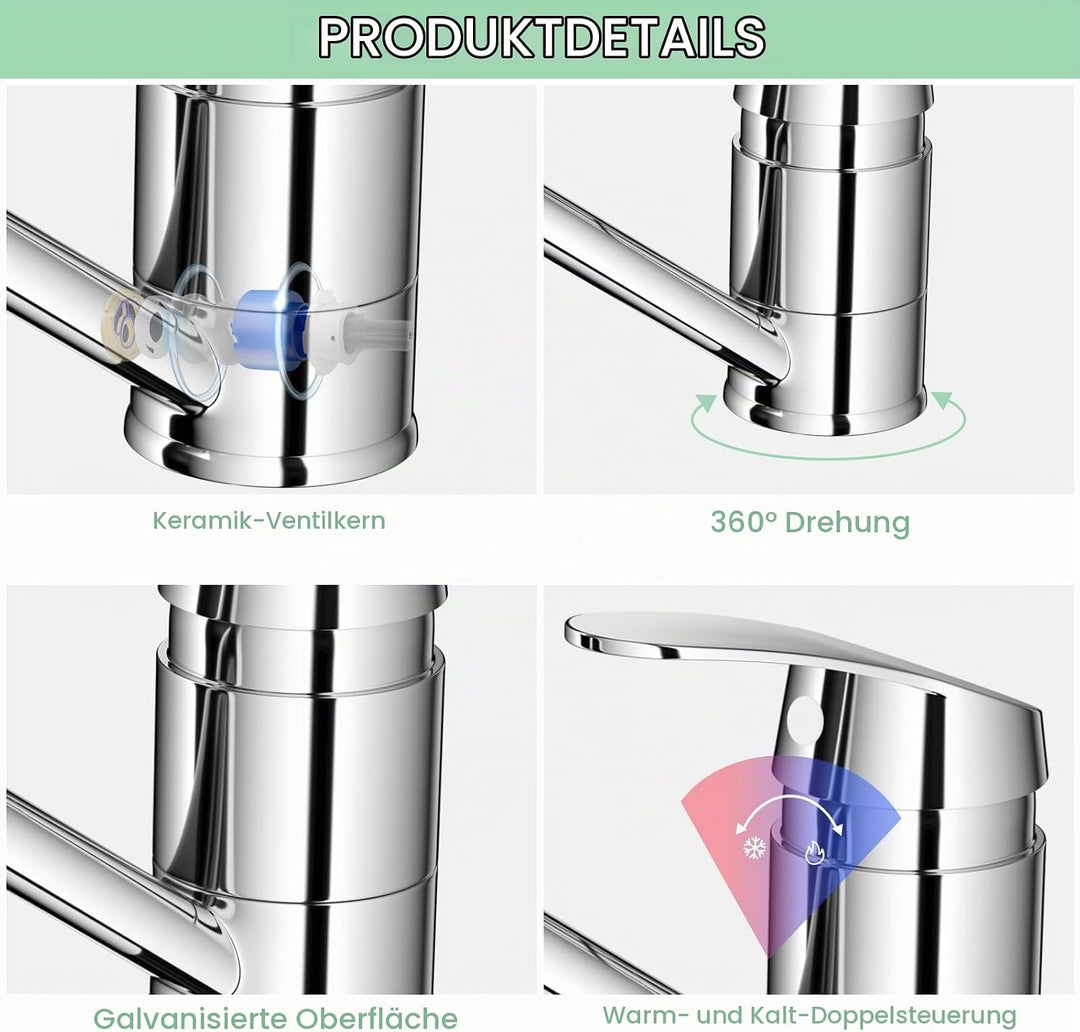 Wasserhahn Küche, Küchenarmatur mit Keramikkartusche, Spültischarmatur, Einhebelmischer 360° Schwenk