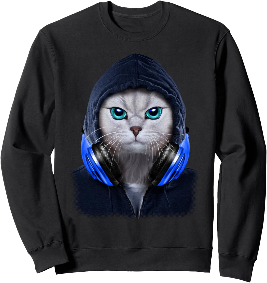 Weisse Katze in einem dunklen Kapuzenpulli und Kopfhörern Sweatshirt