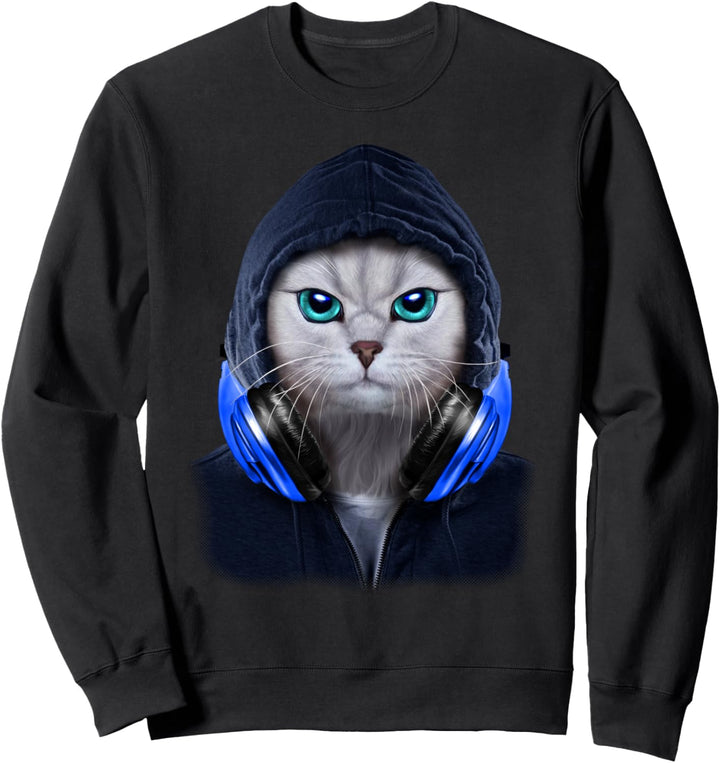 Weisse Katze in einem dunklen Kapuzenpulli und Kopfhörern Sweatshirt