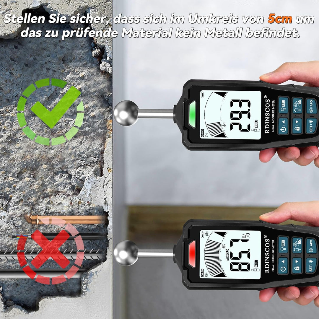 Feuchtigkeitsmessgerät RDINSCOS Feuchtigkeitsmessgerät Wand,Pin&Pinless Feuchtigkeitsmesser für Wänd