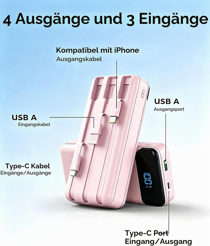 Enerwow Power Bank 27000mAh 22.5W Schnellladen mit Integriertem USB-C Kabel | Externer Akkupack 4 Au