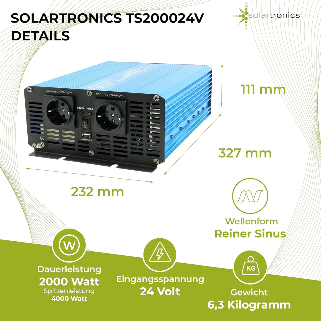 solartronics Spannungswandler TS2000 24V 2000/4000 Watt Reiner Sinus blau Solar Inverter Wechselrich