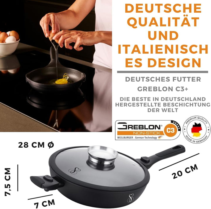 Stone&Stone Tiefe Pfanne 28 cm (7,5 cm hoch) | Hochrandpfanne Induktionspfanne | Deutsche GREBLON C3