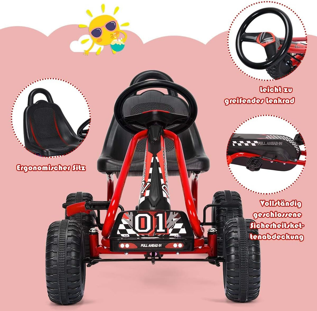 FANTASK Gokart mit verstellbarem Sitz, Go Cart mit Handbremse, Tretauto bis 30 kg belastbar, Kinderf