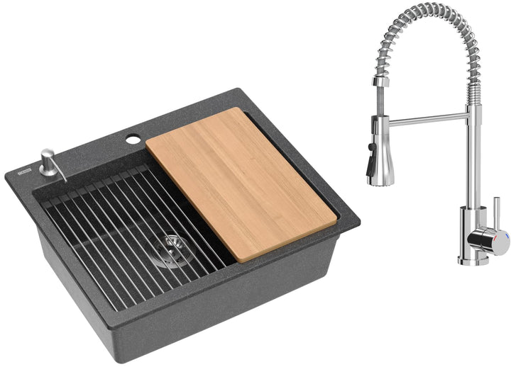VBChome Set Spülbecken mit Armatur 60 x 50 cm Schwarz Spülmittelspender Siphon Matte Planke Granit S