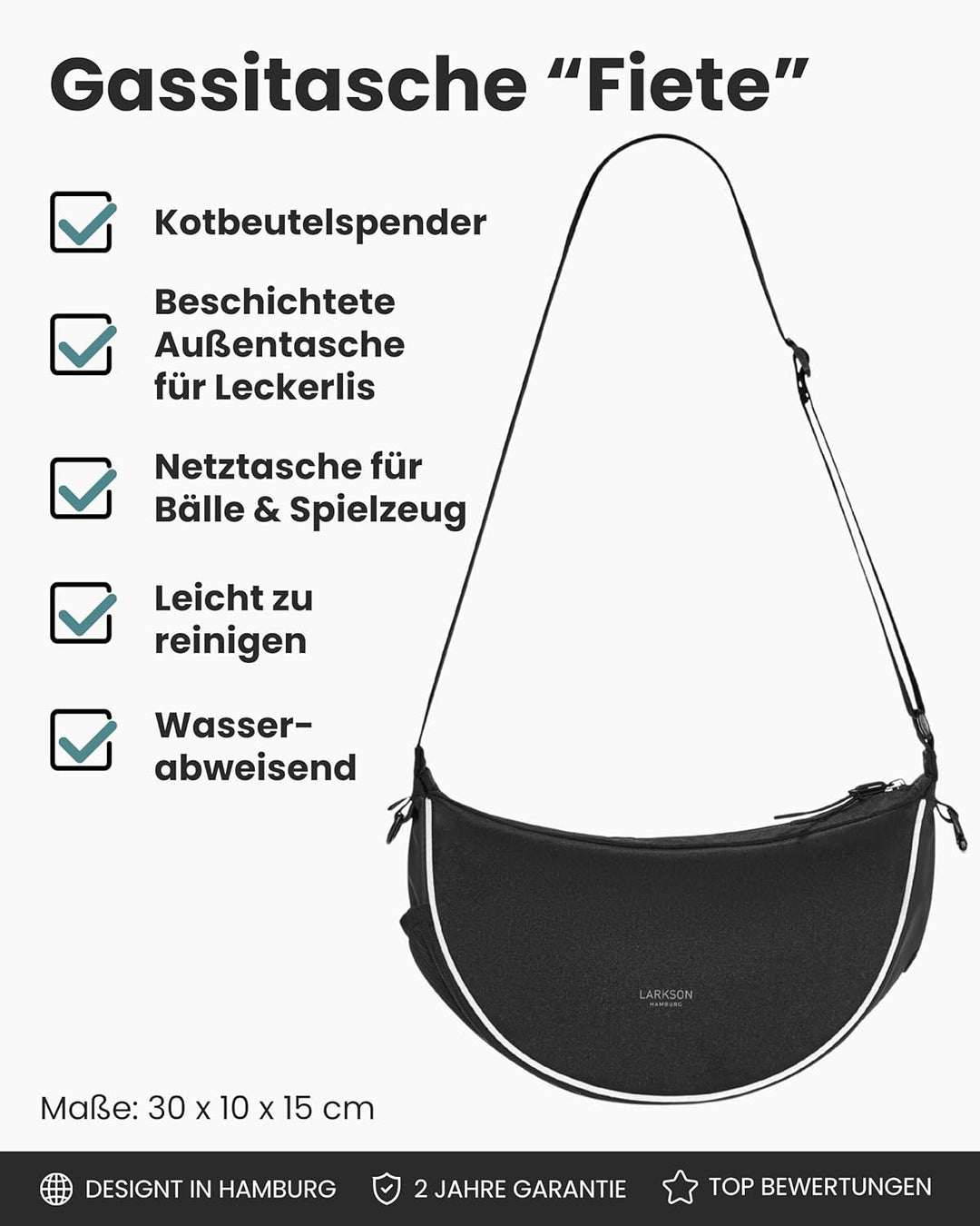 LARKSON Half Moon Bag Hundetasche Schwarz - Fiete - Umhängetasche für Gassi Gehen - Leckerlitasche m